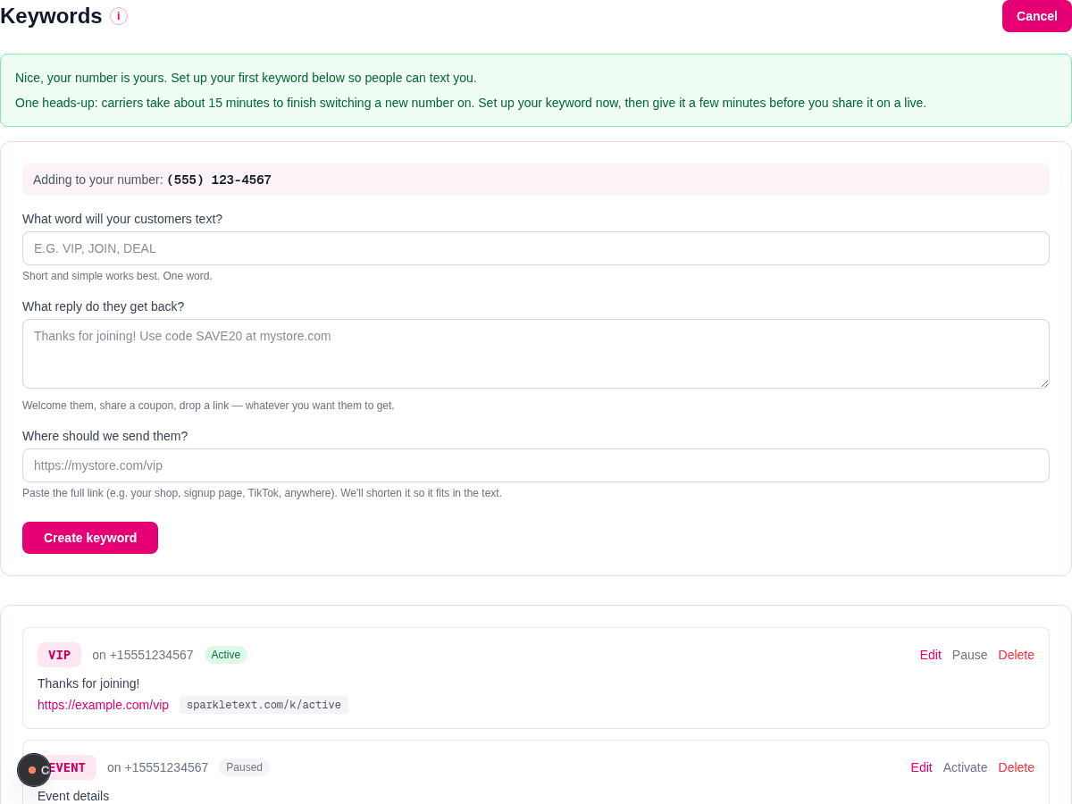 SparkleText Keywords page showing the Add Keyword control, selected number, keyword, reply, and destination-link fields with sample data