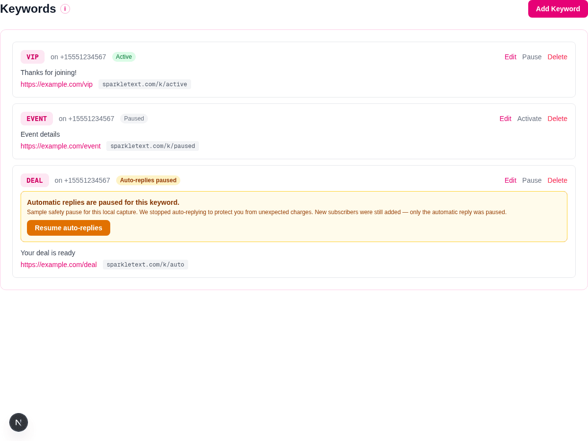 SparkleText keyword card showing active, paused, and automatic-reply pause states with sample data