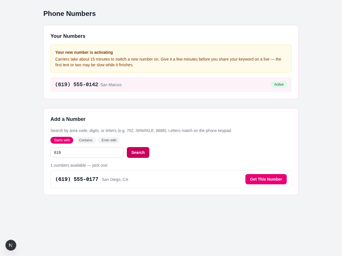 SparkleText Phone Numbers page showing an active sample number, carrier-activation notice, number search, and Get This Number button